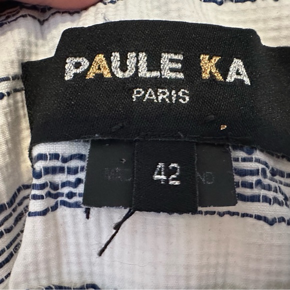 Paule Ka white shift midi dress w/ navy lines + colored trim - 42 (FR)/ US 8/10 - Picture 6 of 9